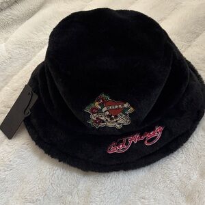 Ed Hardy Black Faux Fur Hat with Tattoo Design